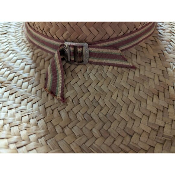 Vintage Medium Straw Sun Hat With Striped Ribbon Band And Ventilated Crown M - Picture 3 of 8